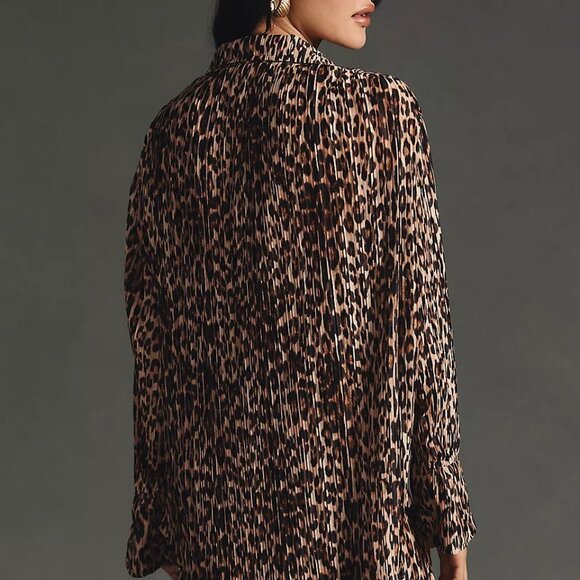 Anthropologie Good American Leopard Plisse Pleated Button Up Shirt 00/0 - Picture 2 of 12